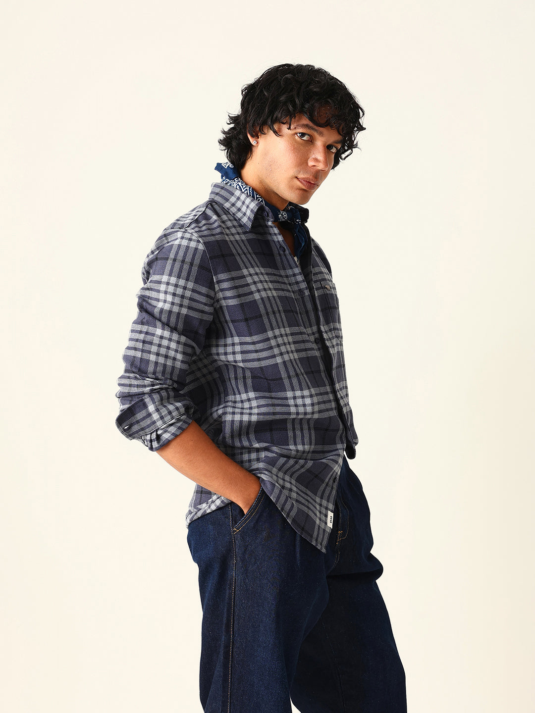 Blue Woven Checkered Slim Fit Casual Shirt