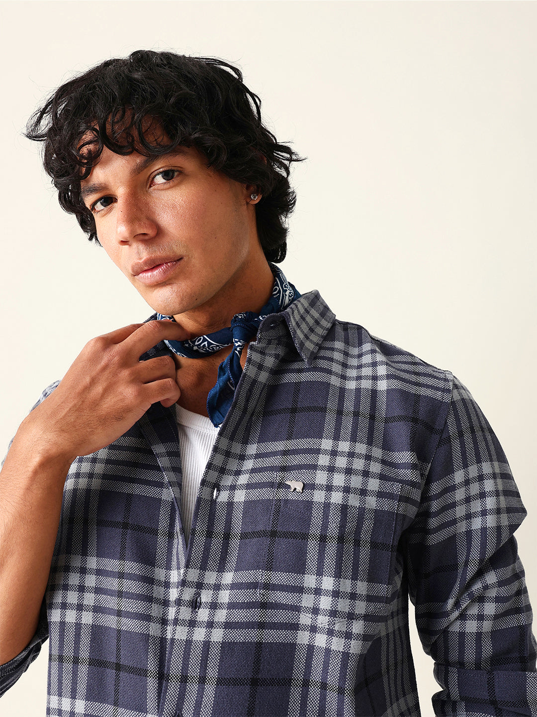 Blue Woven Checkered Slim Fit Casual Shirt