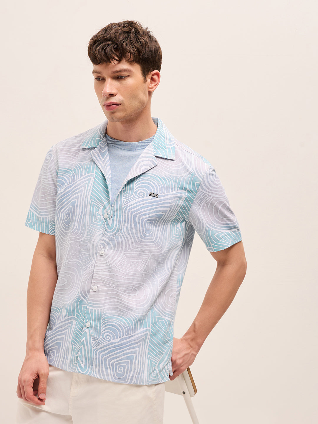 Multicolor Geometric Abstract Print Relaxed Fit Cuban Collar Shirt