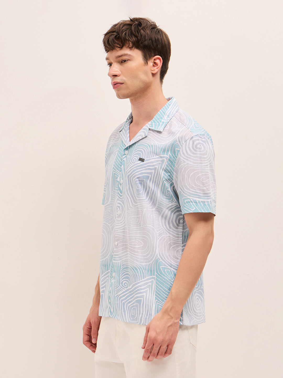 Multicolor Geometric Abstract Print Relaxed Fit Cuban Collar Shirt