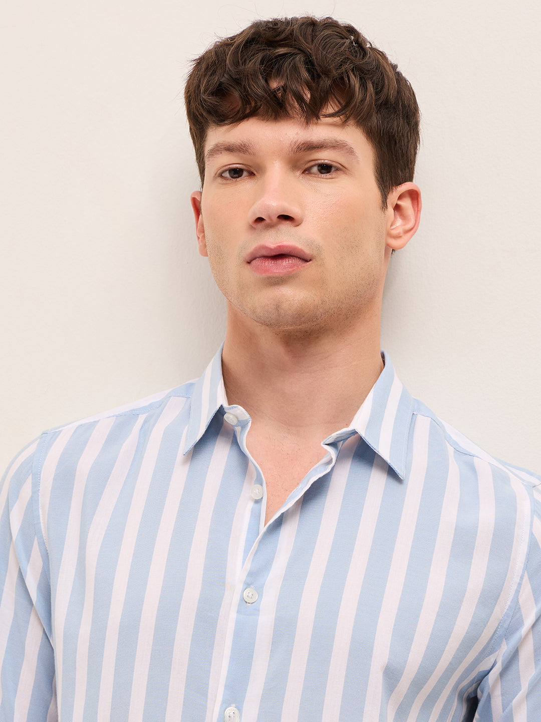 Blue & White Vertical Stripes Slim Fit Casual Shirt
