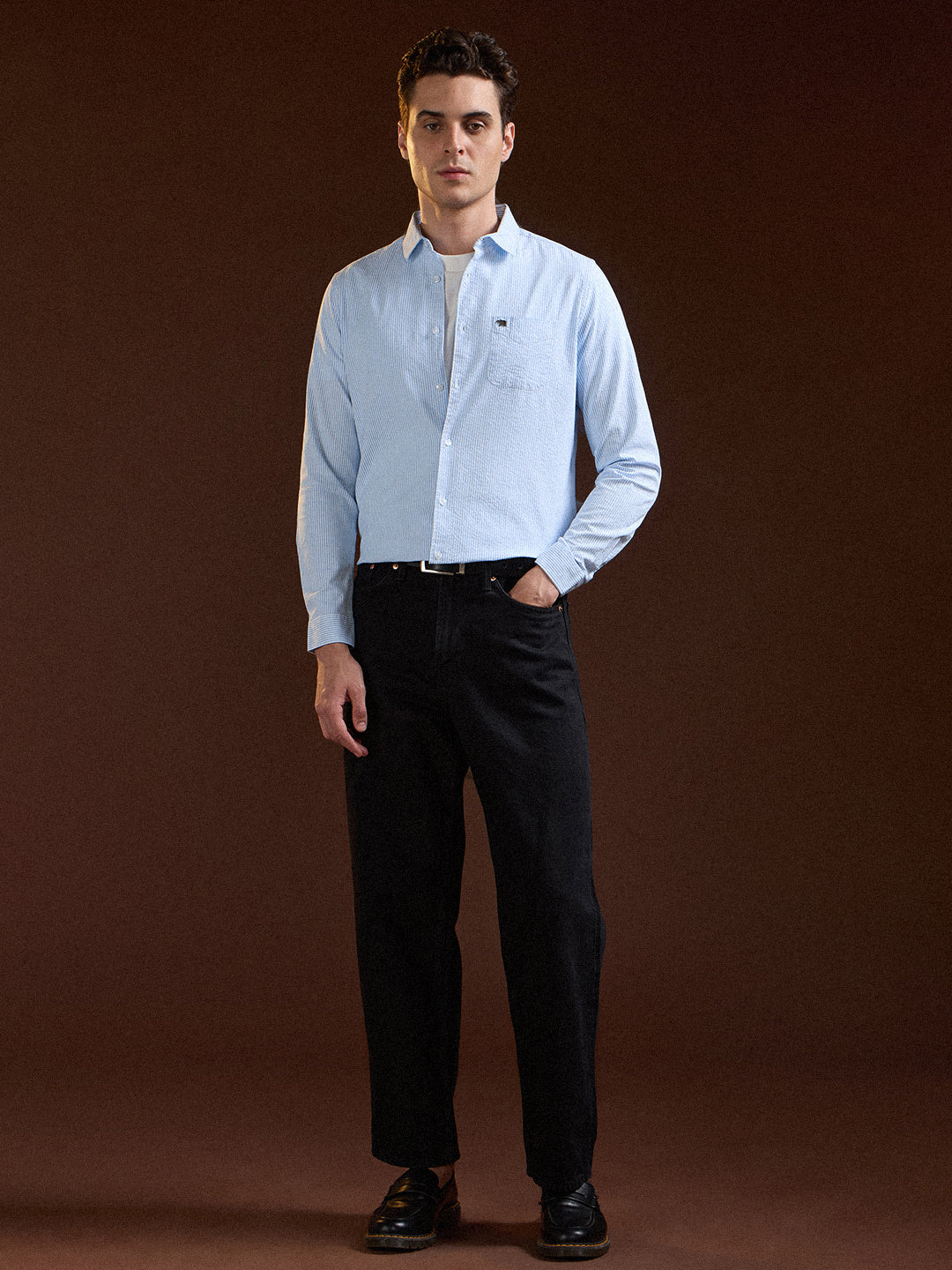 Light Blue Pin Vertical Stripes Slim Fit Casual Shirt