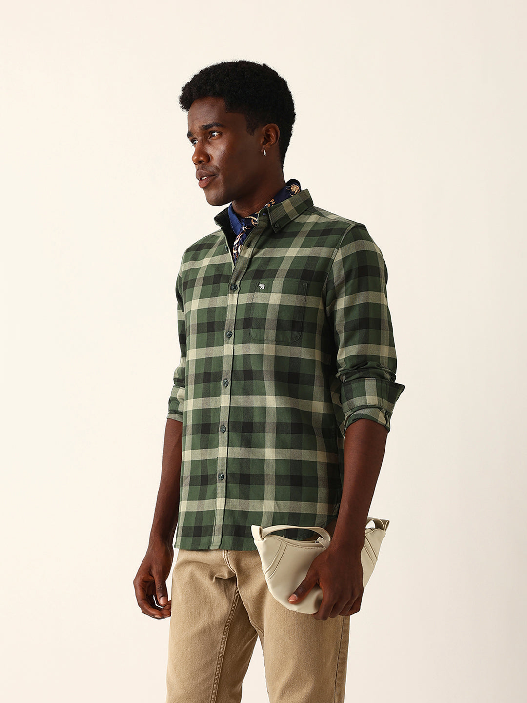 Olive & Dark Green Checked Slim Fit Casual Shirt