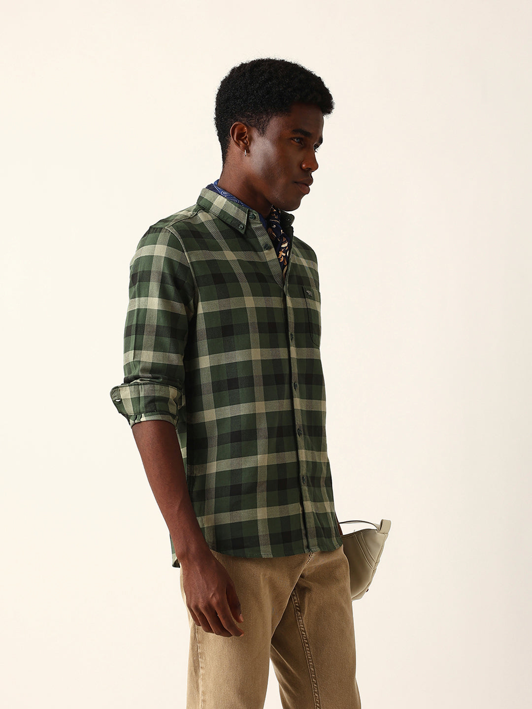 Olive & Dark Green Checked Slim Fit Casual Shirt