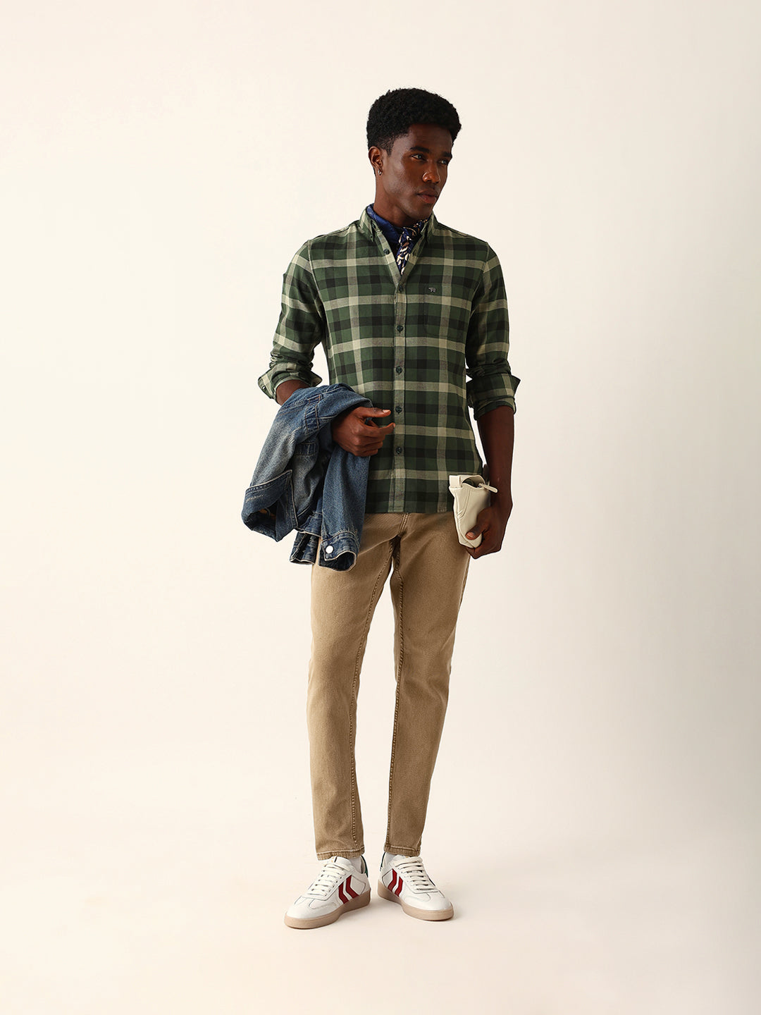 Olive & Dark Green Checked Slim Fit Casual Shirt