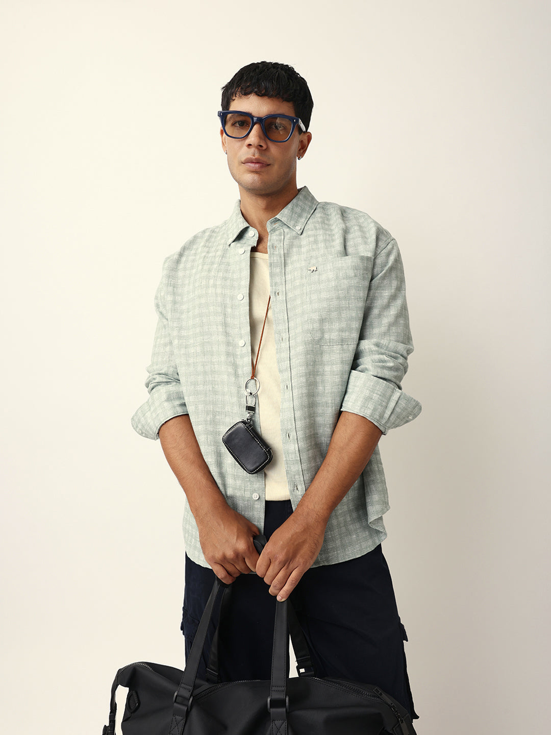 Green Woven Micro Check Textured Relax Fit Overshirt