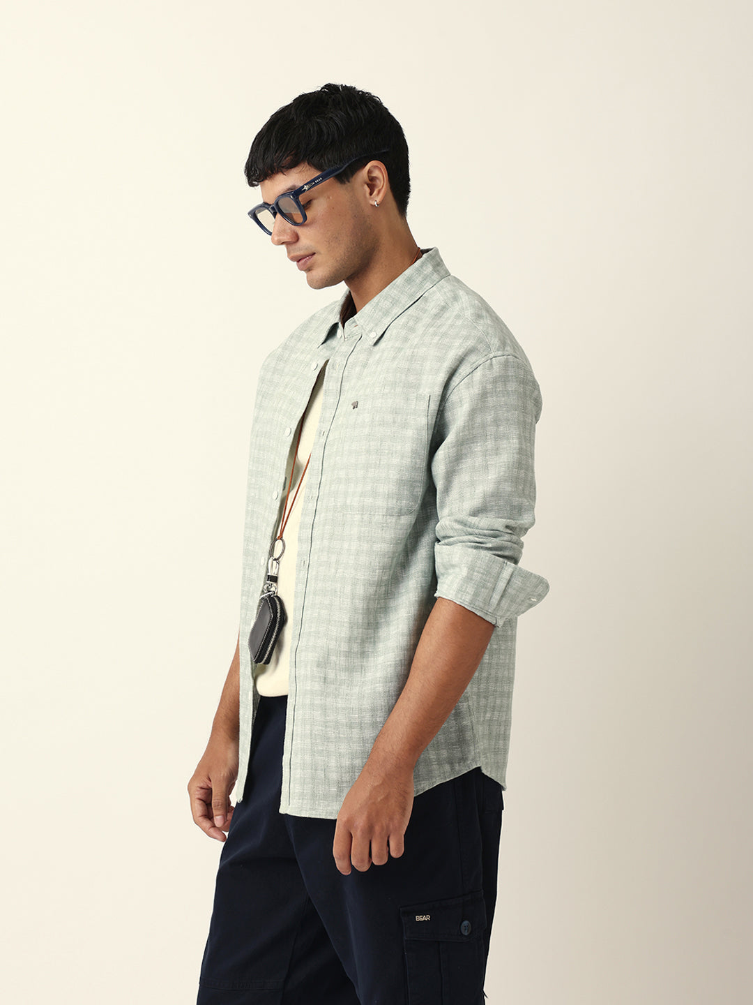 Green Woven Micro Check Textured Relax Fit Overshirt