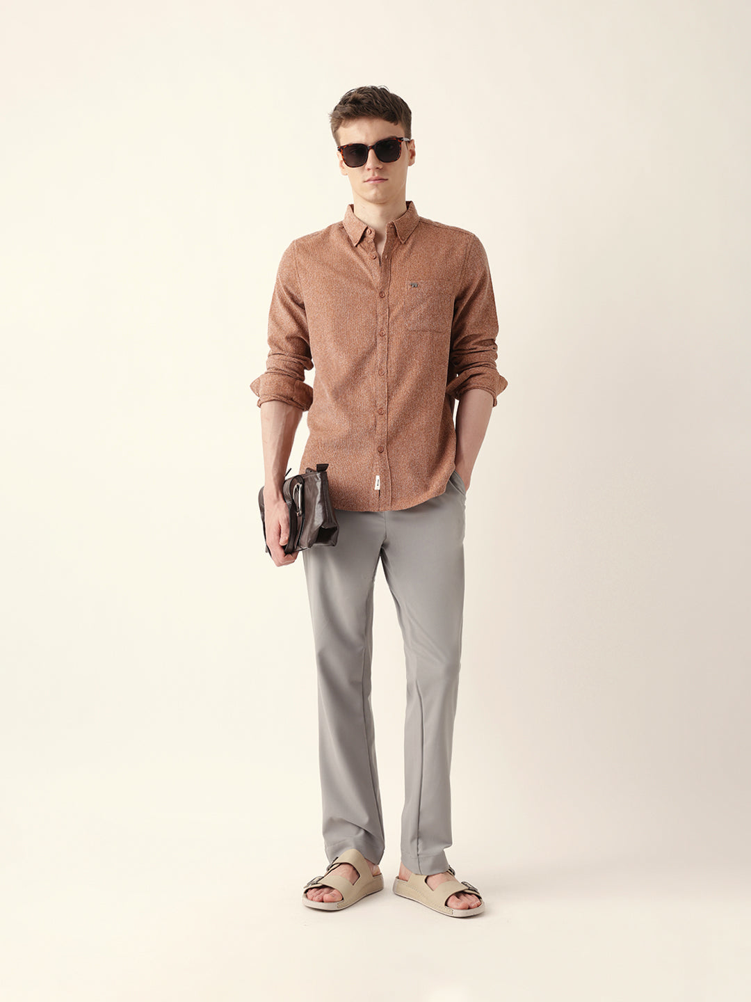 Rust Textured Woven Striped Slim Fit Casual Shirt