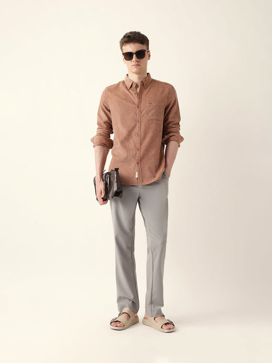 Rust Textured Woven Striped Slim Fit Casual Shirt