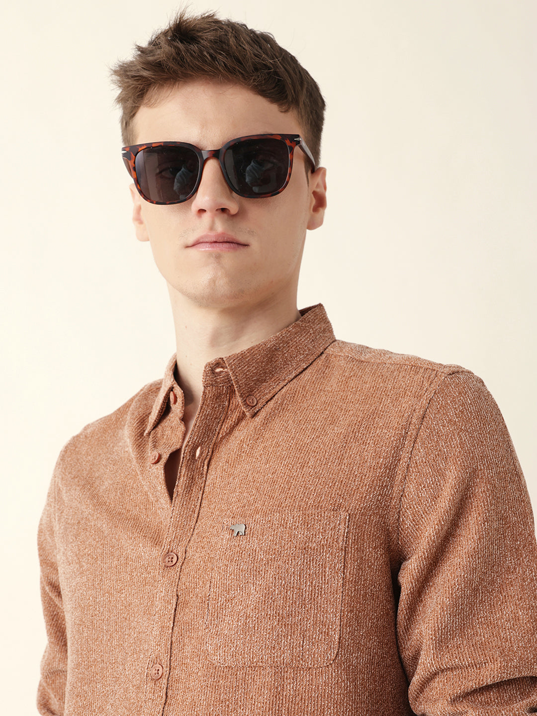 Rust Textured Woven Striped Slim Fit Casual Shirt