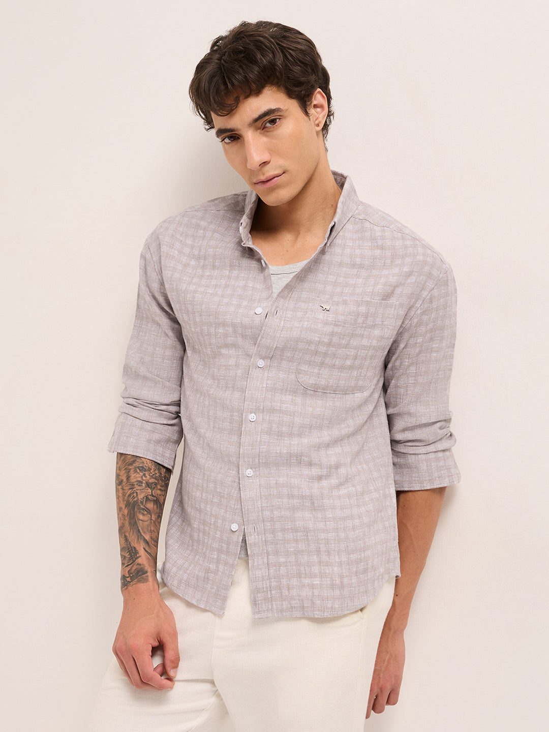 Light Brown Woven Checks Relaxed Fit Casual Shirt
