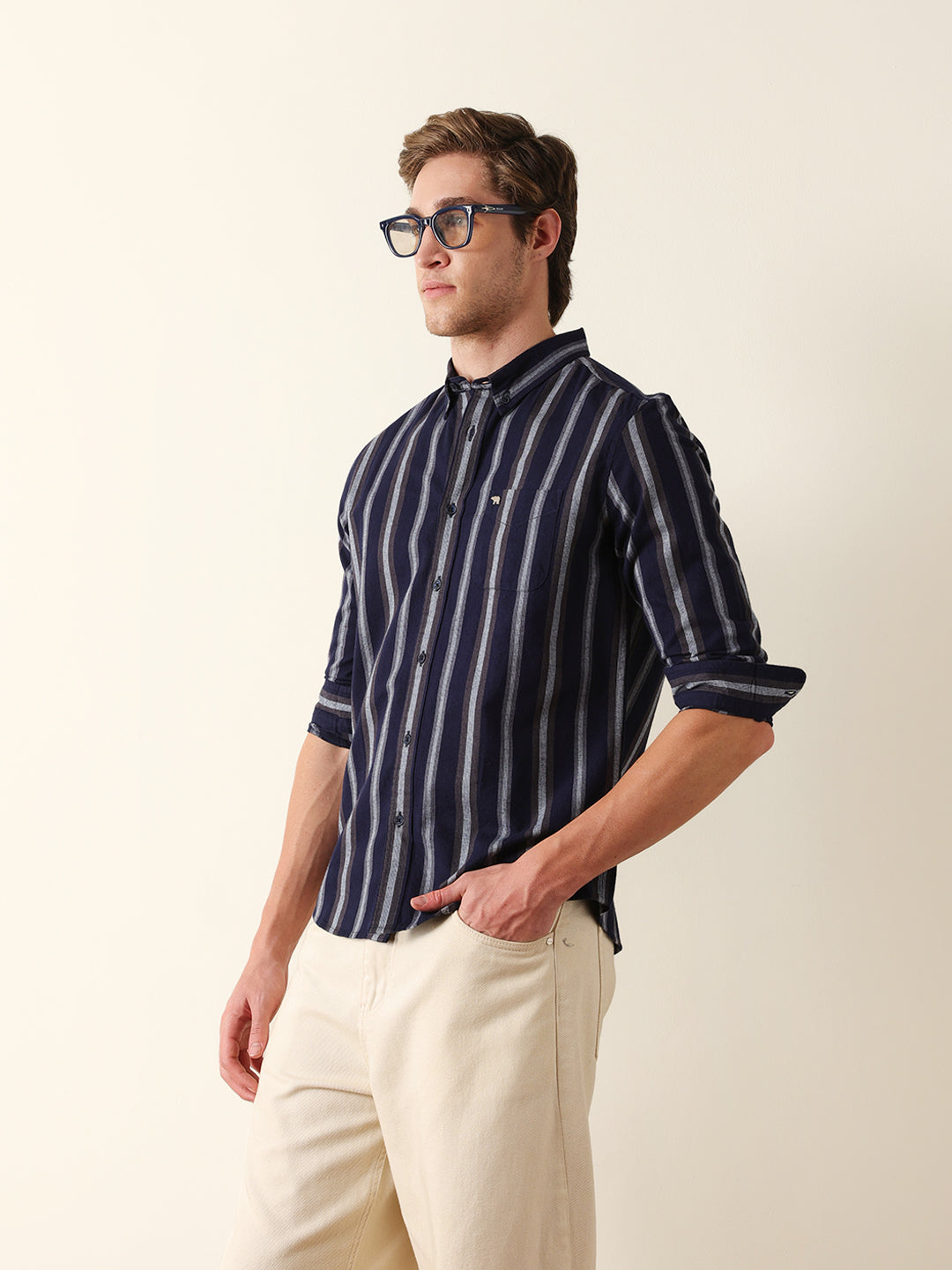 Navy & Grey Vertical Stripes Slim Fit Casual Shirt