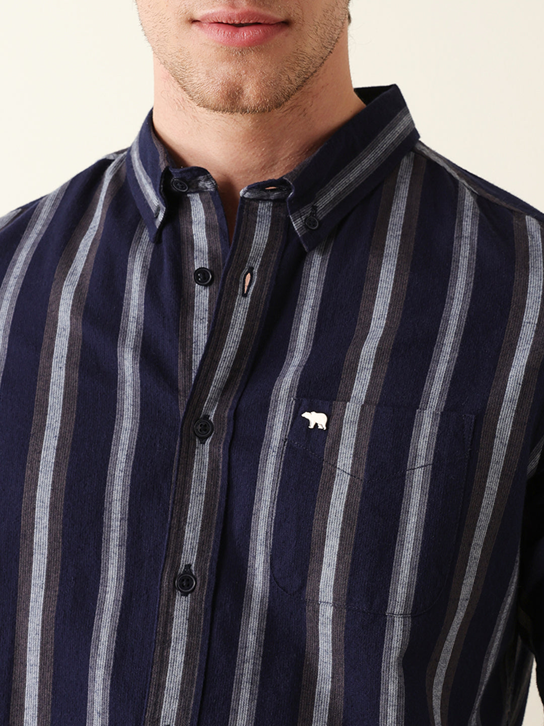 Navy & Grey Vertical Stripes Slim Fit Casual Shirt