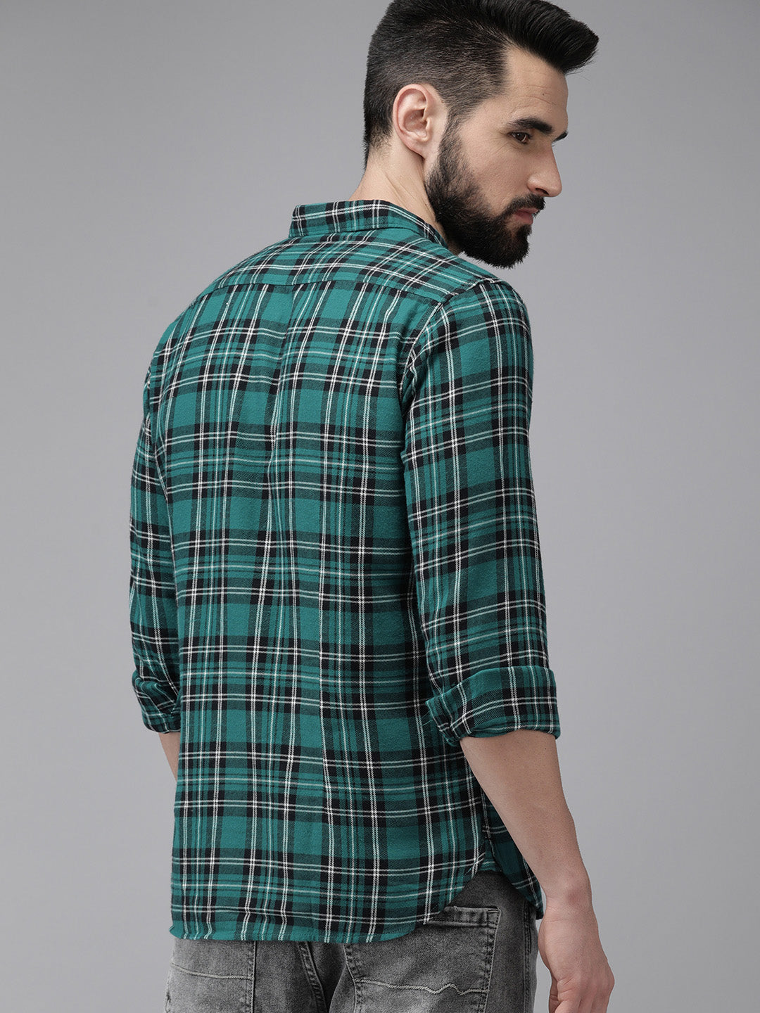 Men Green & Black Slim Fit Checked Flannel Cotton Casual Shirt