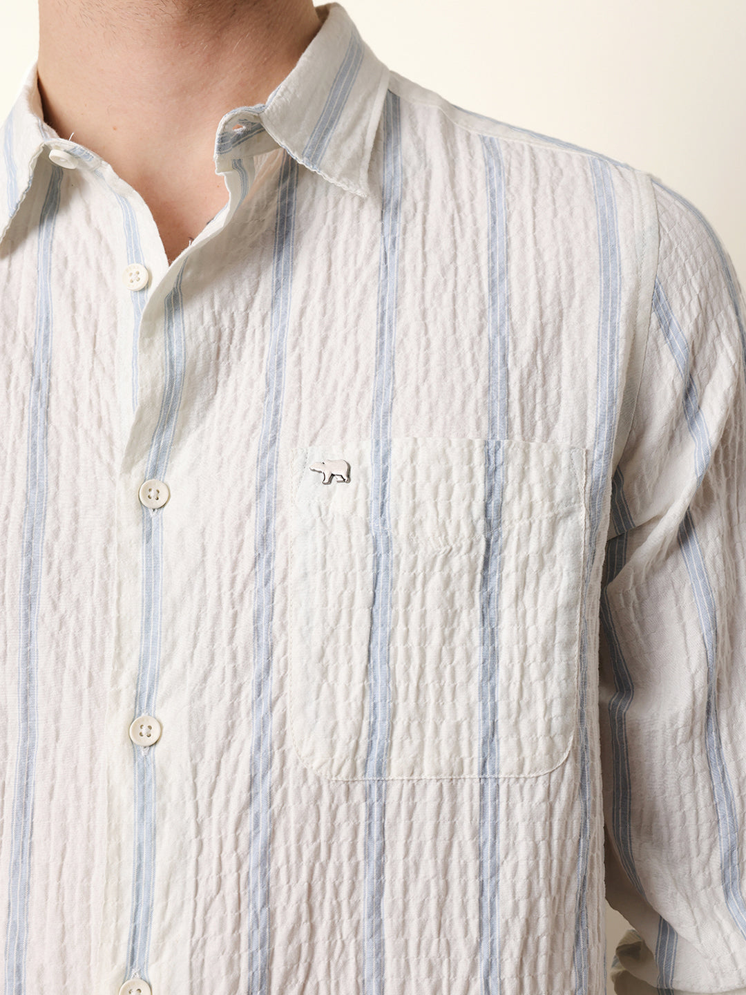 White with Blue Vertical Textured Stripe Regular Fit Casual Shirt