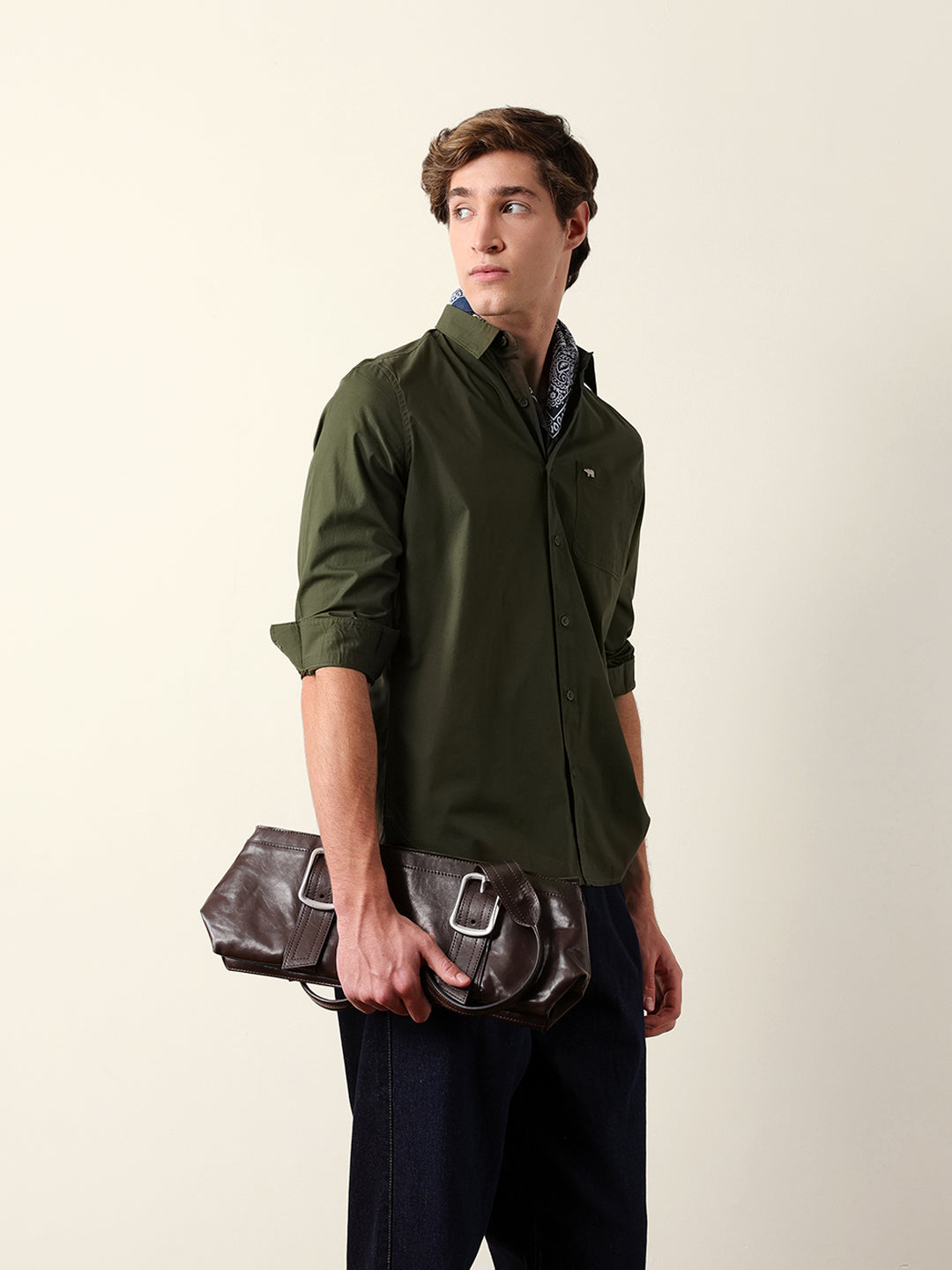 Olive Solid Slim Fit Cotton Casual Shirt