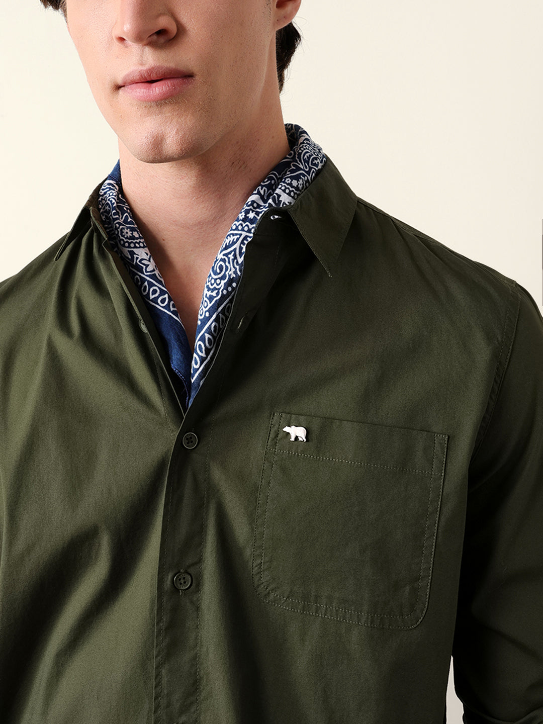Olive Solid Slim Fit Cotton Casual Shirt