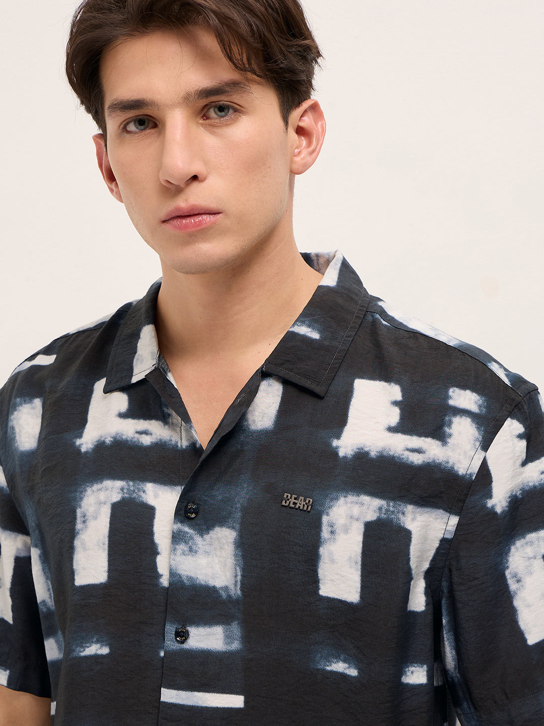 Dark Blue Digital Print Relaxed Fit Casual Shirt in Nylon Viscose