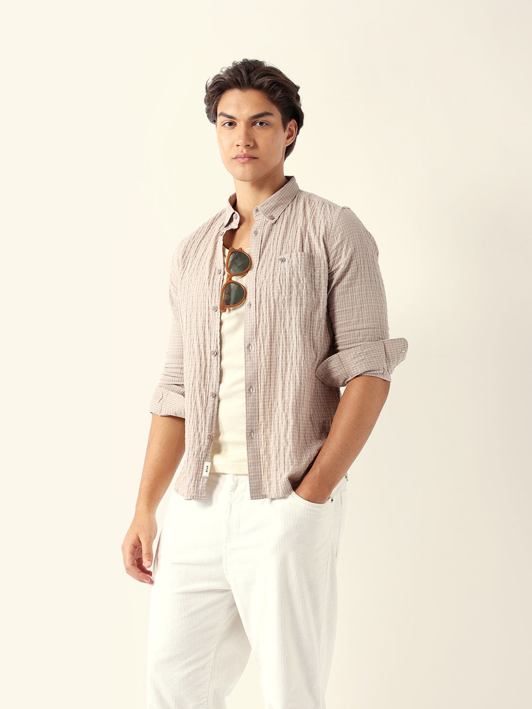 Beige Slim Fit Casual Shirt with Woven Micro Check