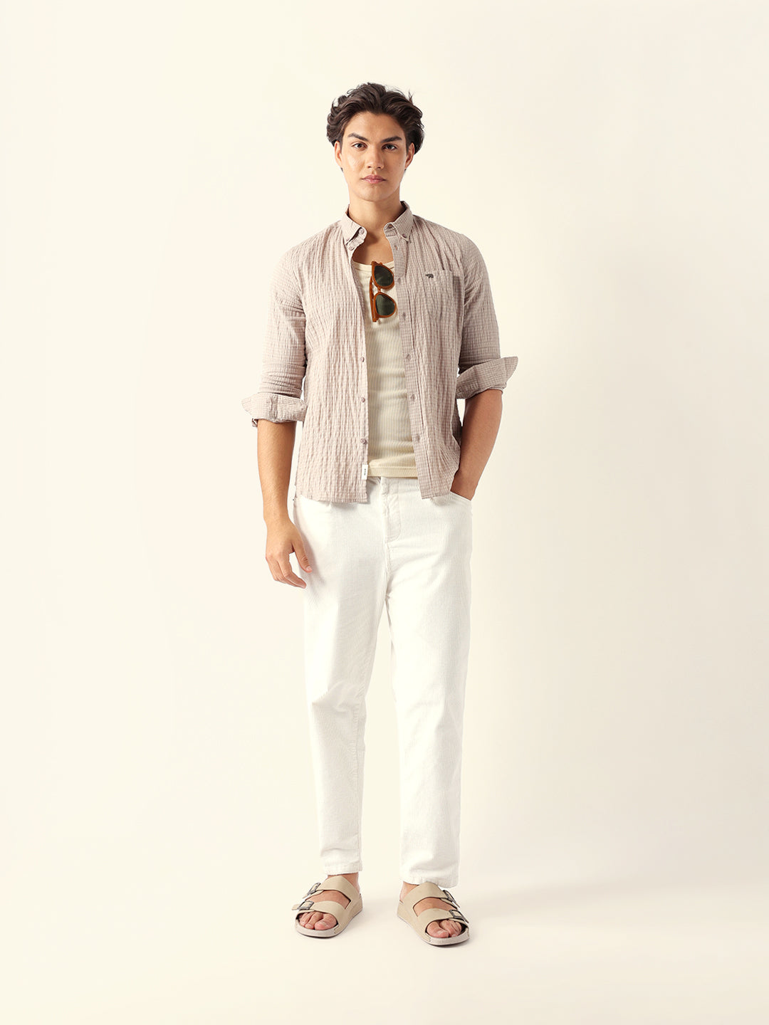 Beige Slim Fit Casual Shirt with Woven Micro Check