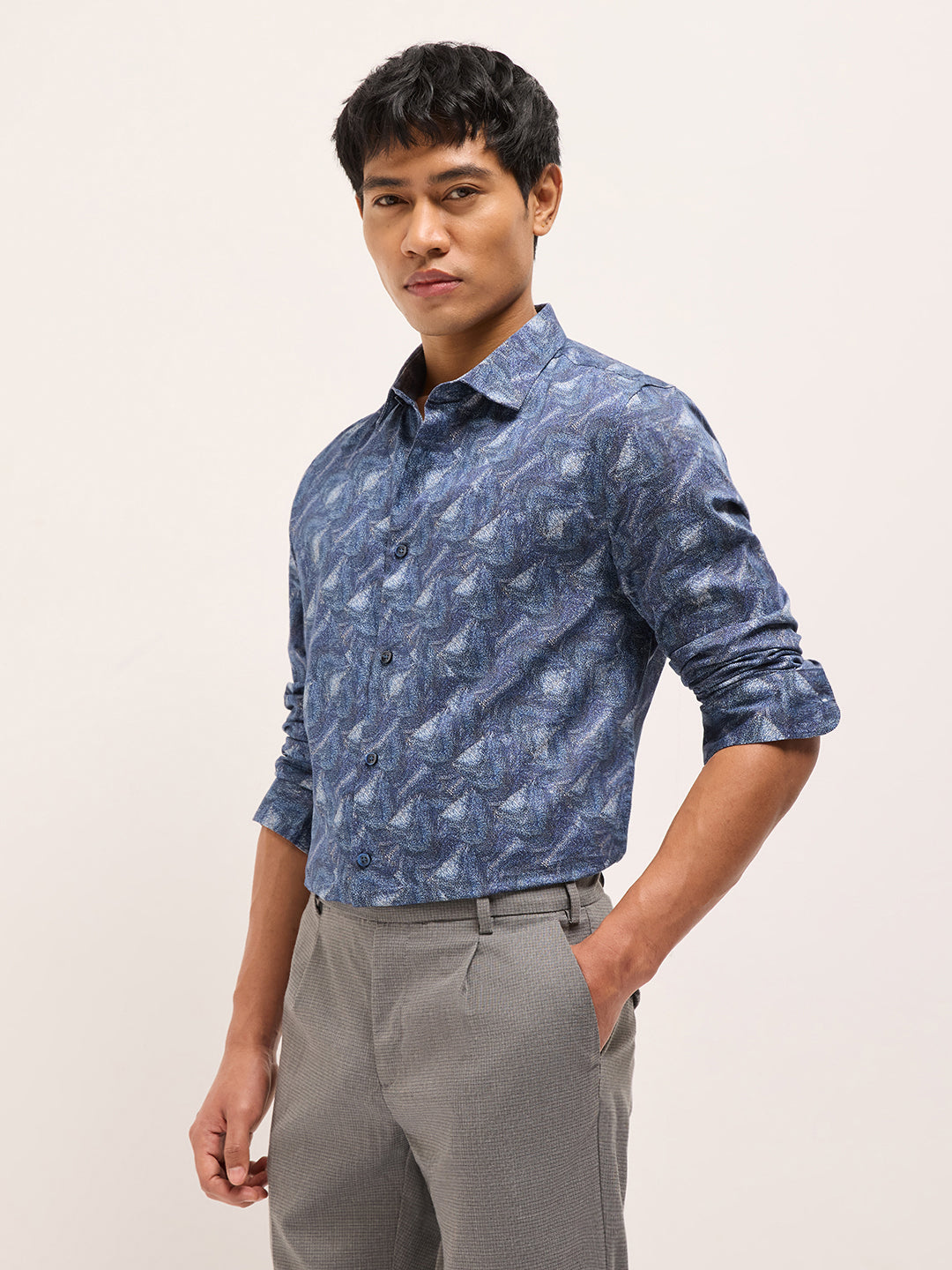 Blue Digital Print Tailored Fit Cotton Formal Shirt