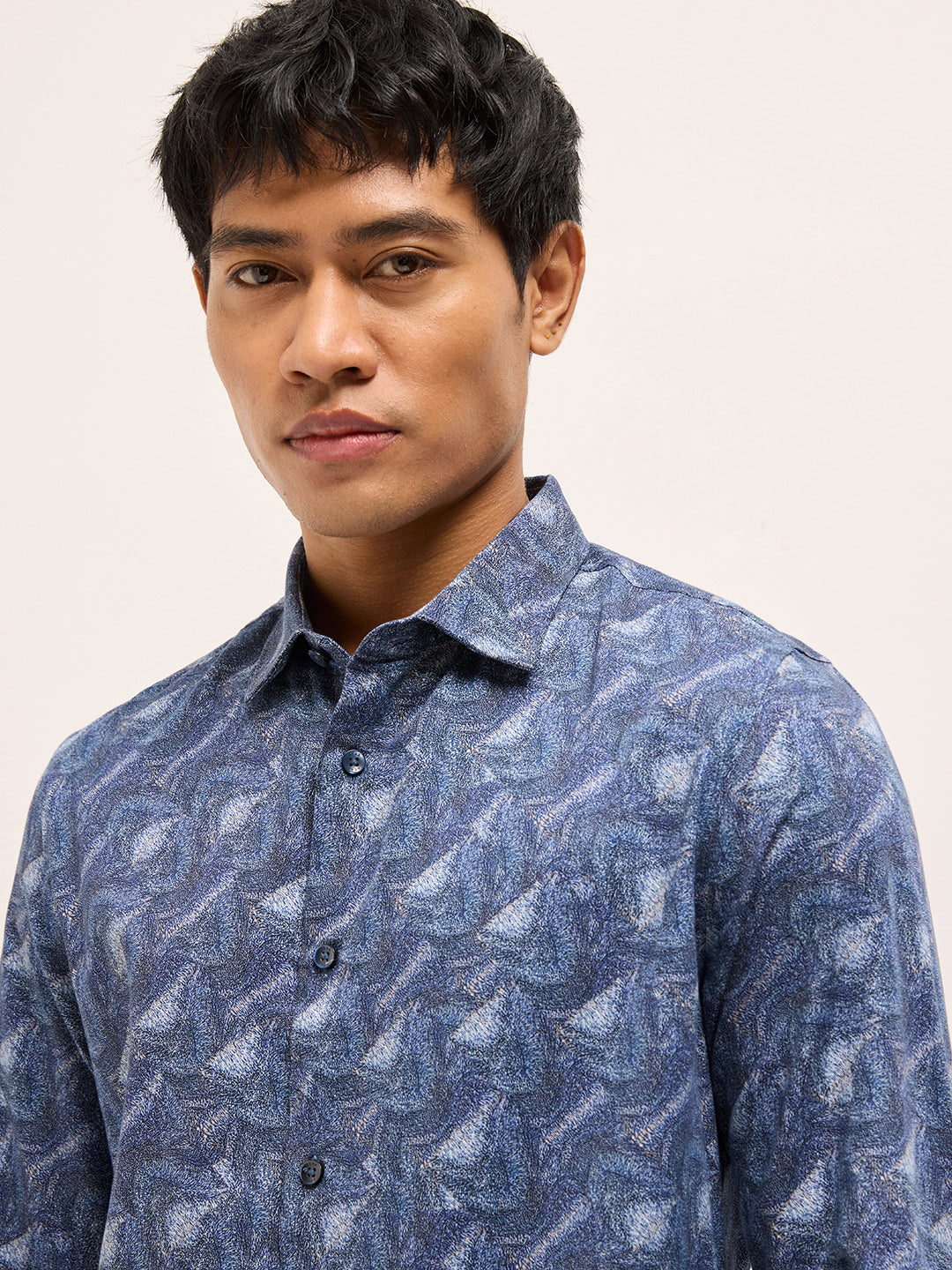 Blue Digital Print Tailored Fit Cotton Formal Shirt