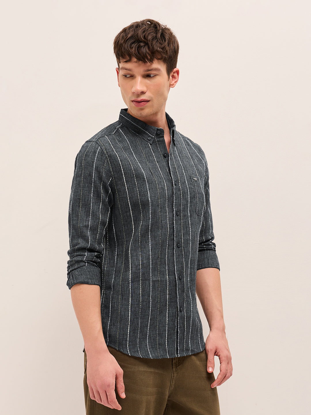 Grey Woven Vertical Stripes Slim Fit Casual Shirt