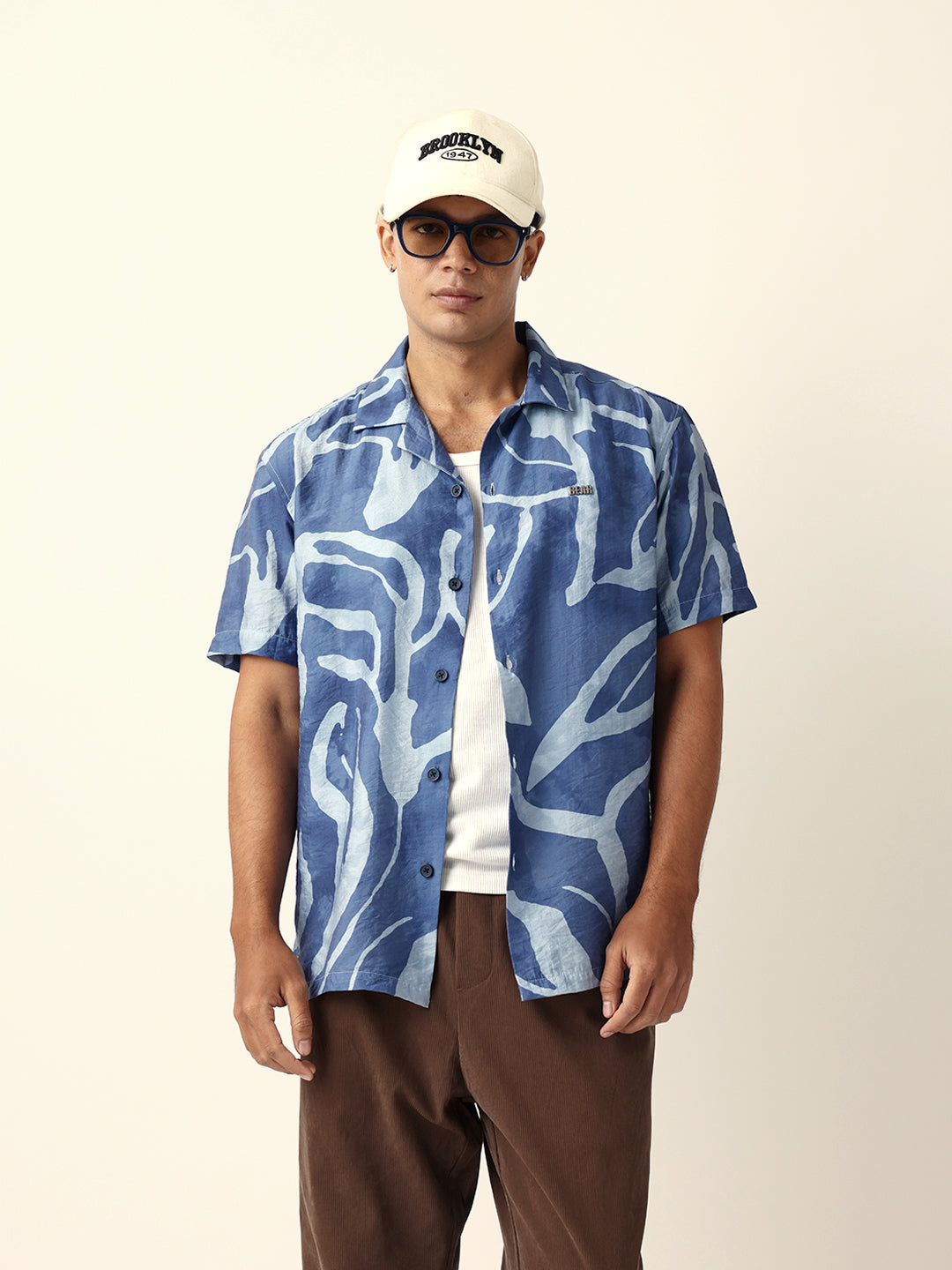 Blue Abstract Free-Flowing Stroke Printed Relaxed Fit Short Sleeve Shirt