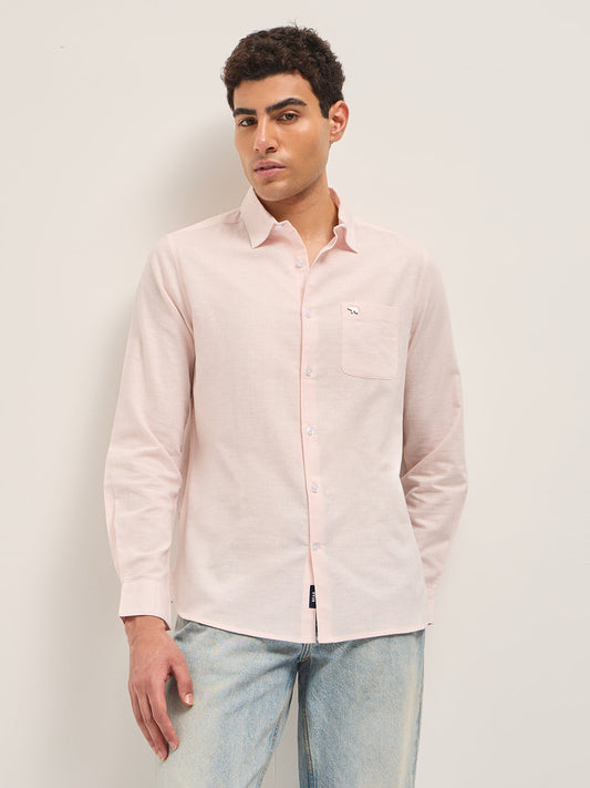 Pink Cotton Linen Slim Fit Solid Casual Shirt