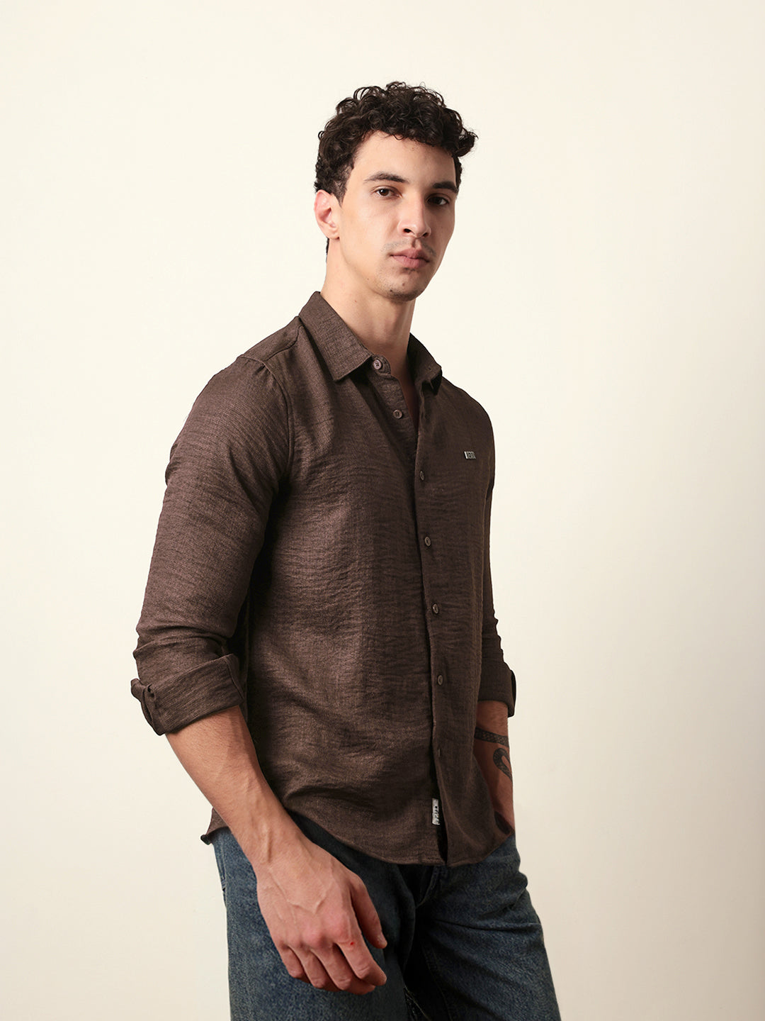 Brown Woven Textured Slim Fit Casual Shirt