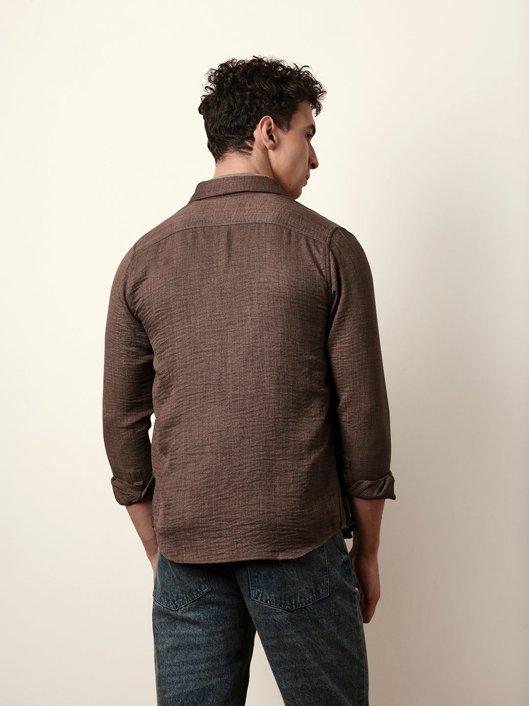 Brown Woven Textured Slim Fit Casual Shirt