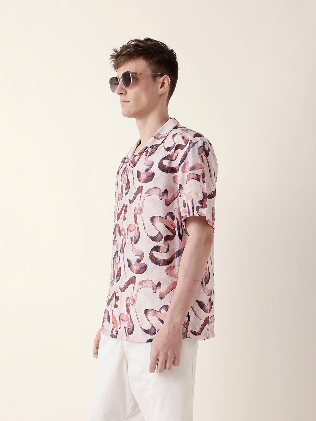 Multicolor Abstract Scribble Print Relaxed Fit Cuban Collar Casual Shirt