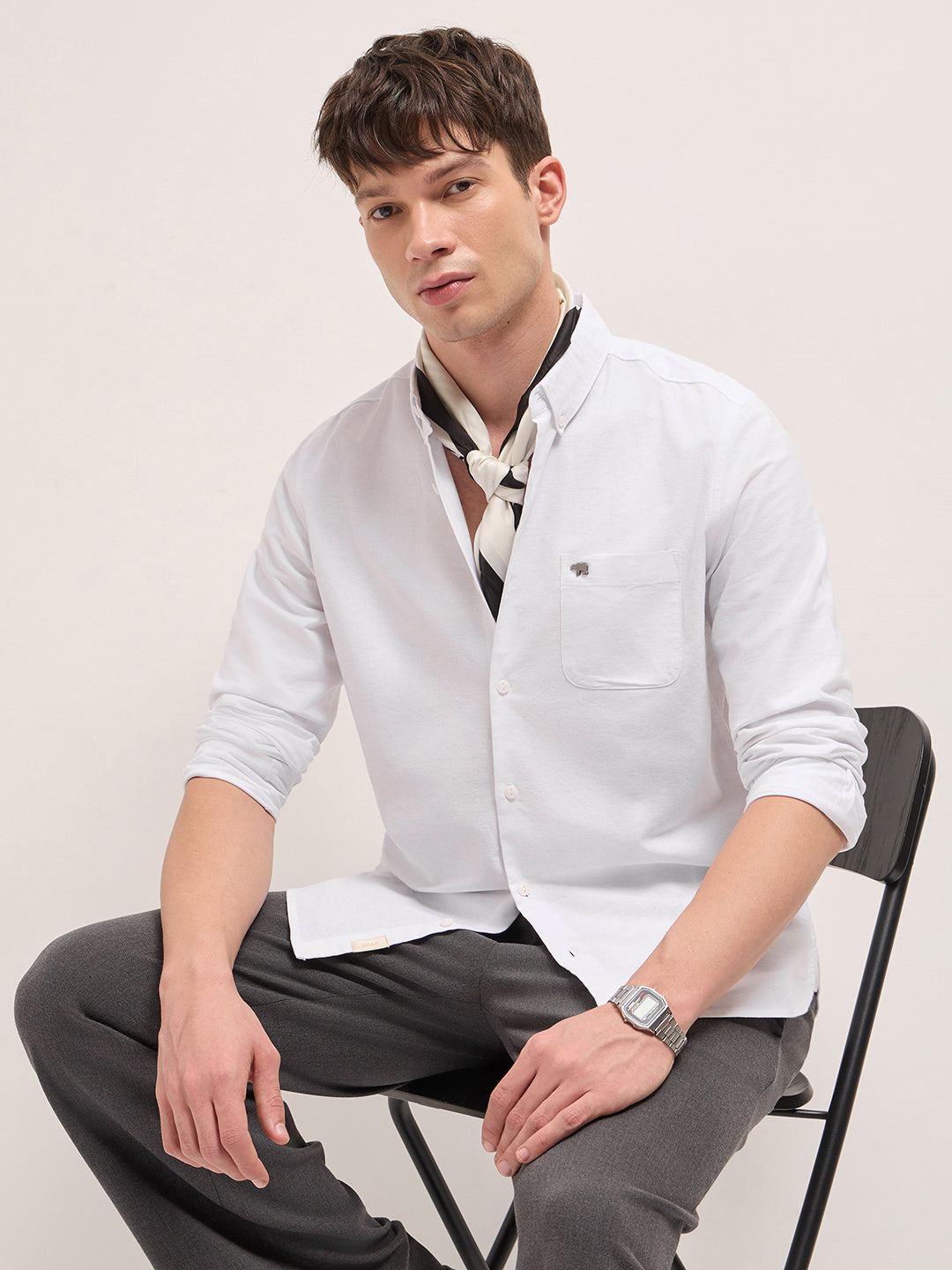 White Solid Cotton Slim Fit Casual Shirt with Button-Down Collar