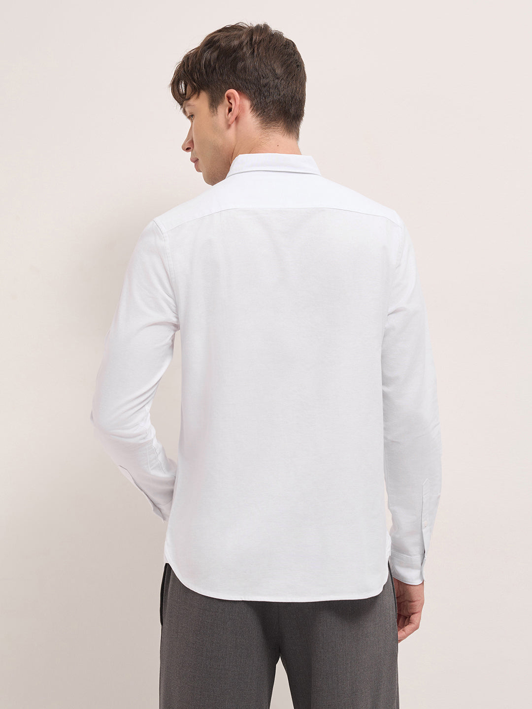 White Solid Cotton Slim Fit Casual Shirt with Button-Down Collar