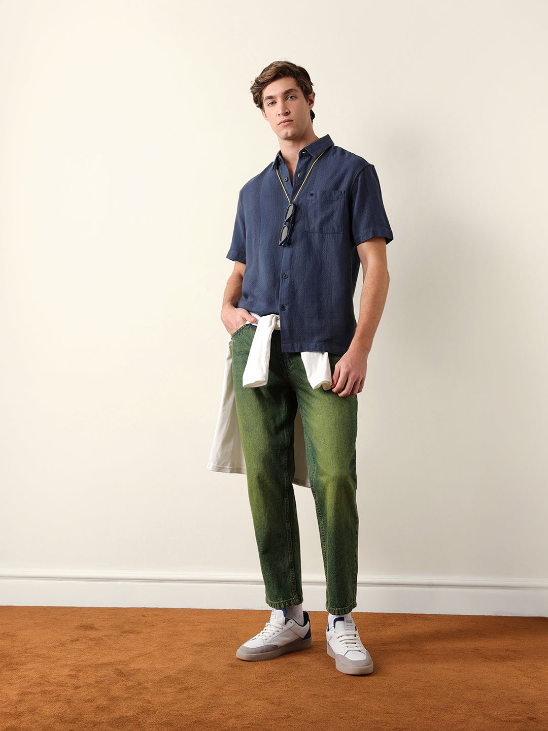 Blue Relaxed Fit Casual Half Sleeve Shirt with Textured Vertical Stripes