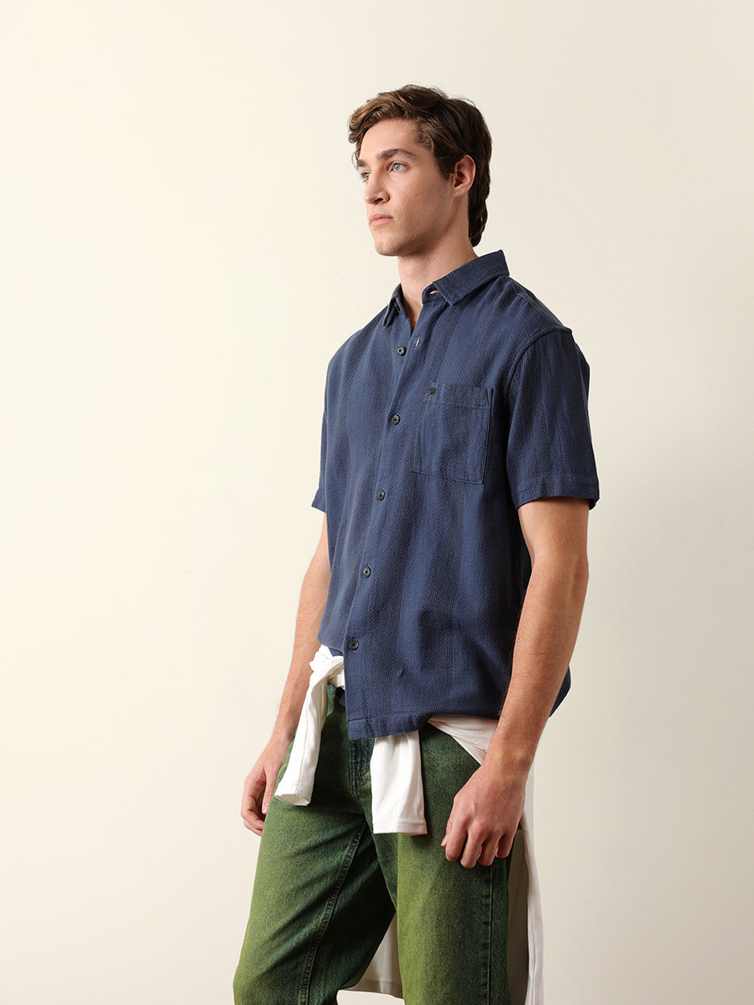 Blue Relaxed Fit Casual Half Sleeve Shirt with Textured Vertical Stripes