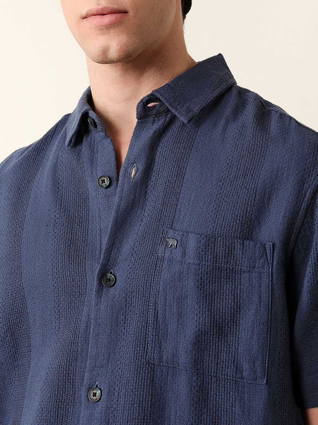 Blue Relaxed Fit Casual Half Sleeve Shirt with Textured Vertical Stripes