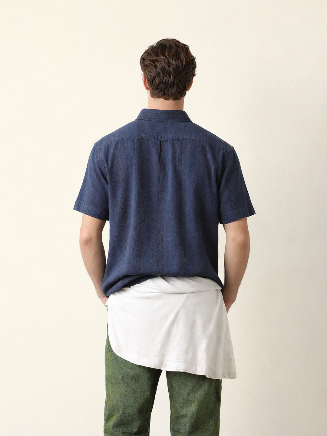 Blue Relaxed Fit Casual Half Sleeve Shirt with Textured Vertical Stripes