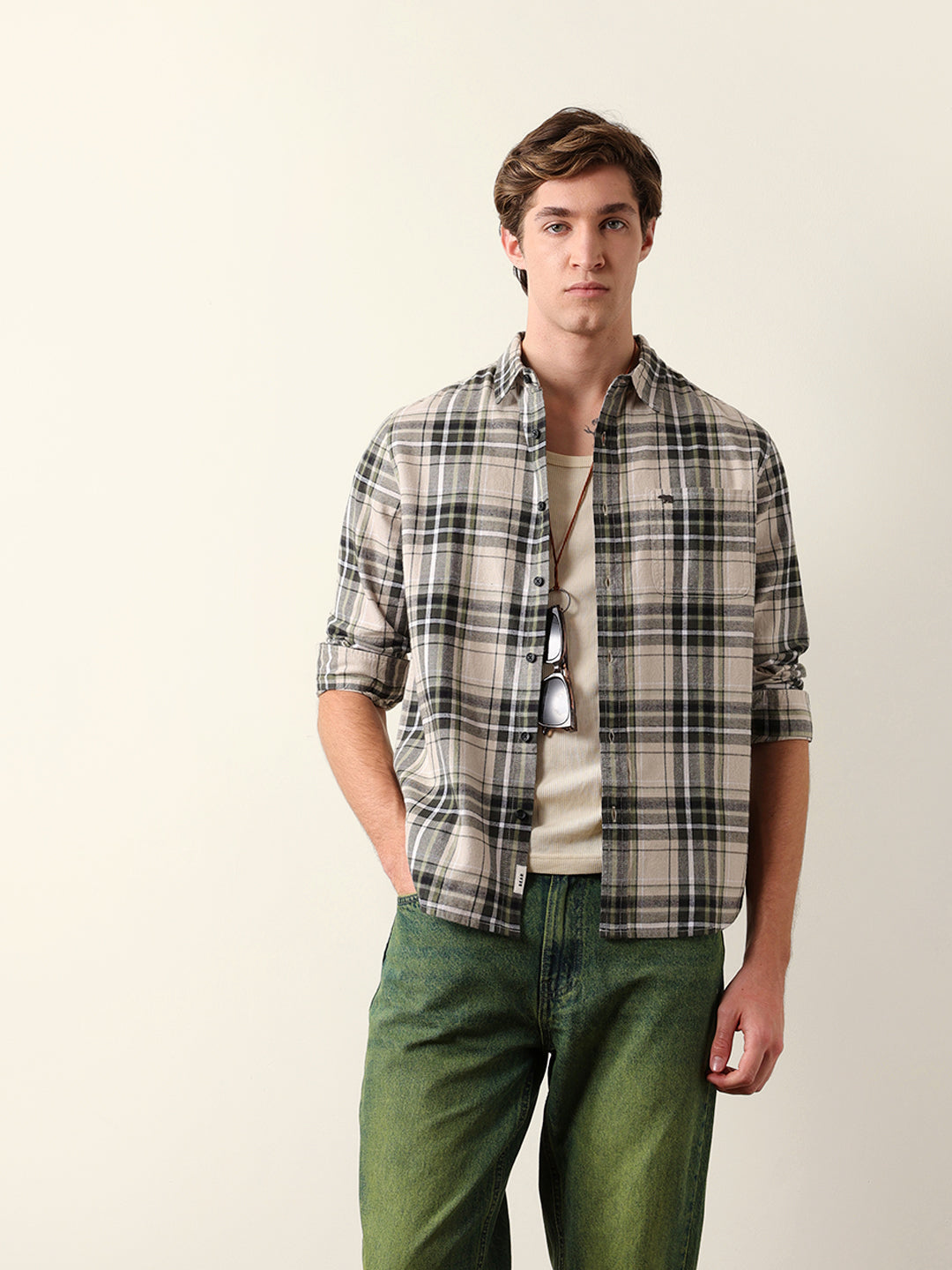 Olive Regular Fit Woven Check Flannel Casual Shirt