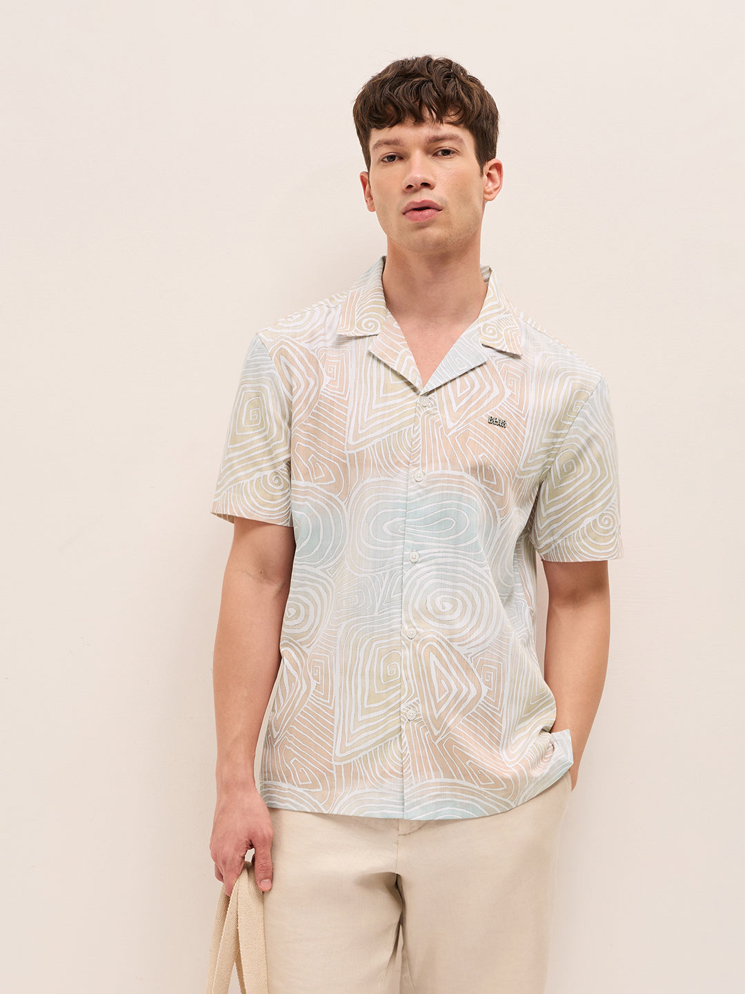 Multicolor Geometric Abstract Print Relaxed Fit Cuban Collar Shirt