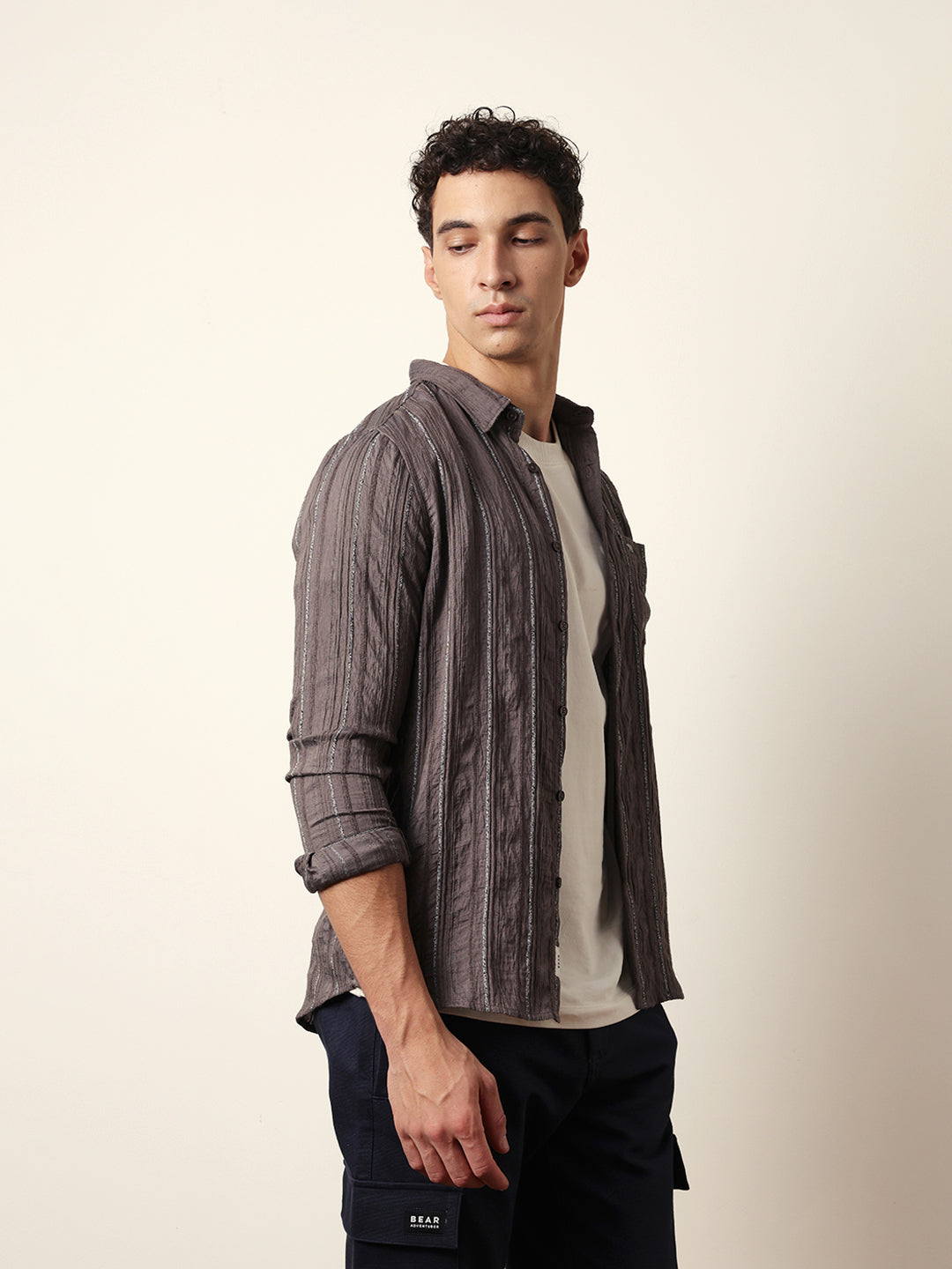Grey Vertical Seersucker Pinstripe Slim Fit Casual Shirt