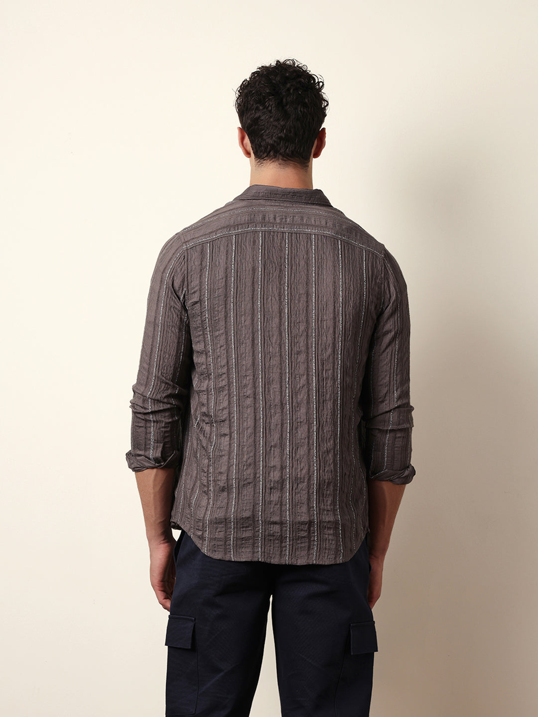 Grey Vertical Seersucker Pinstripe Slim Fit Casual Shirt