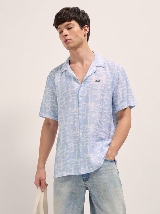 Light Blue Abstract Brush Stroke Print Relaxed Fit Cuban Collar Shirt