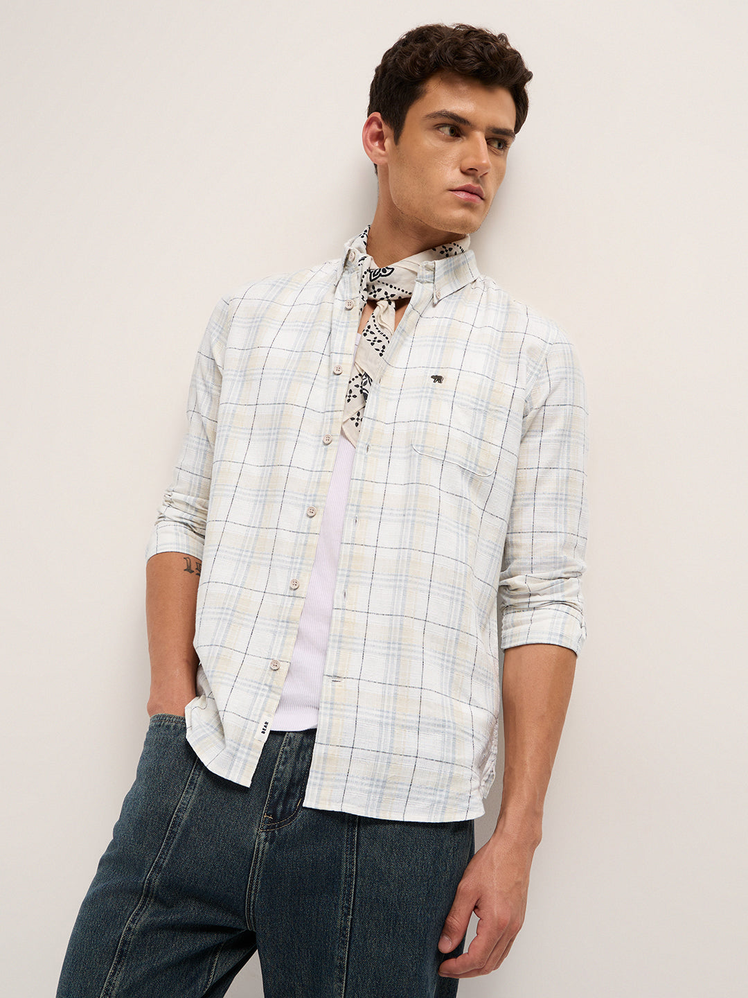 White & Grey Woven Check Slim Fit Casual Shirt