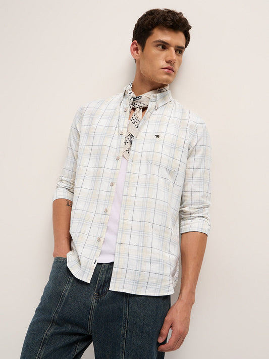White & Grey Woven Check Slim Fit Casual Shirt