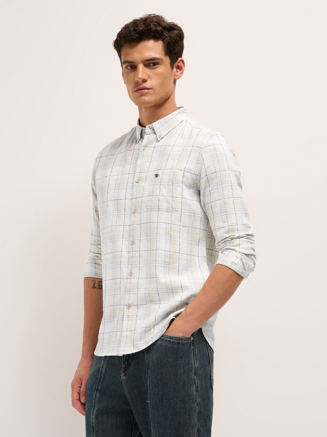 White & Grey Woven Check Slim Fit Casual Shirt
