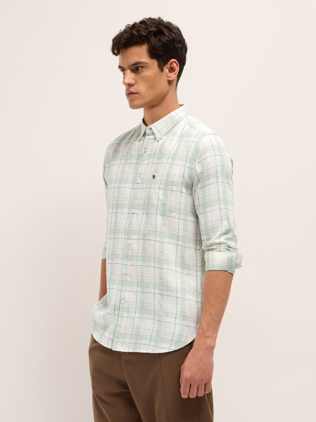 White & Green Woven Check Slim Fit Casual Shirt