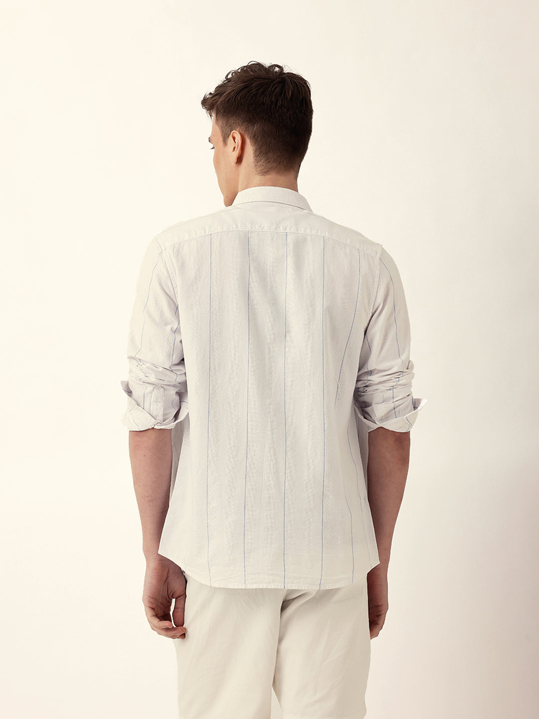 White Woven Vertical Stripes Slim Fit Casual Shirt