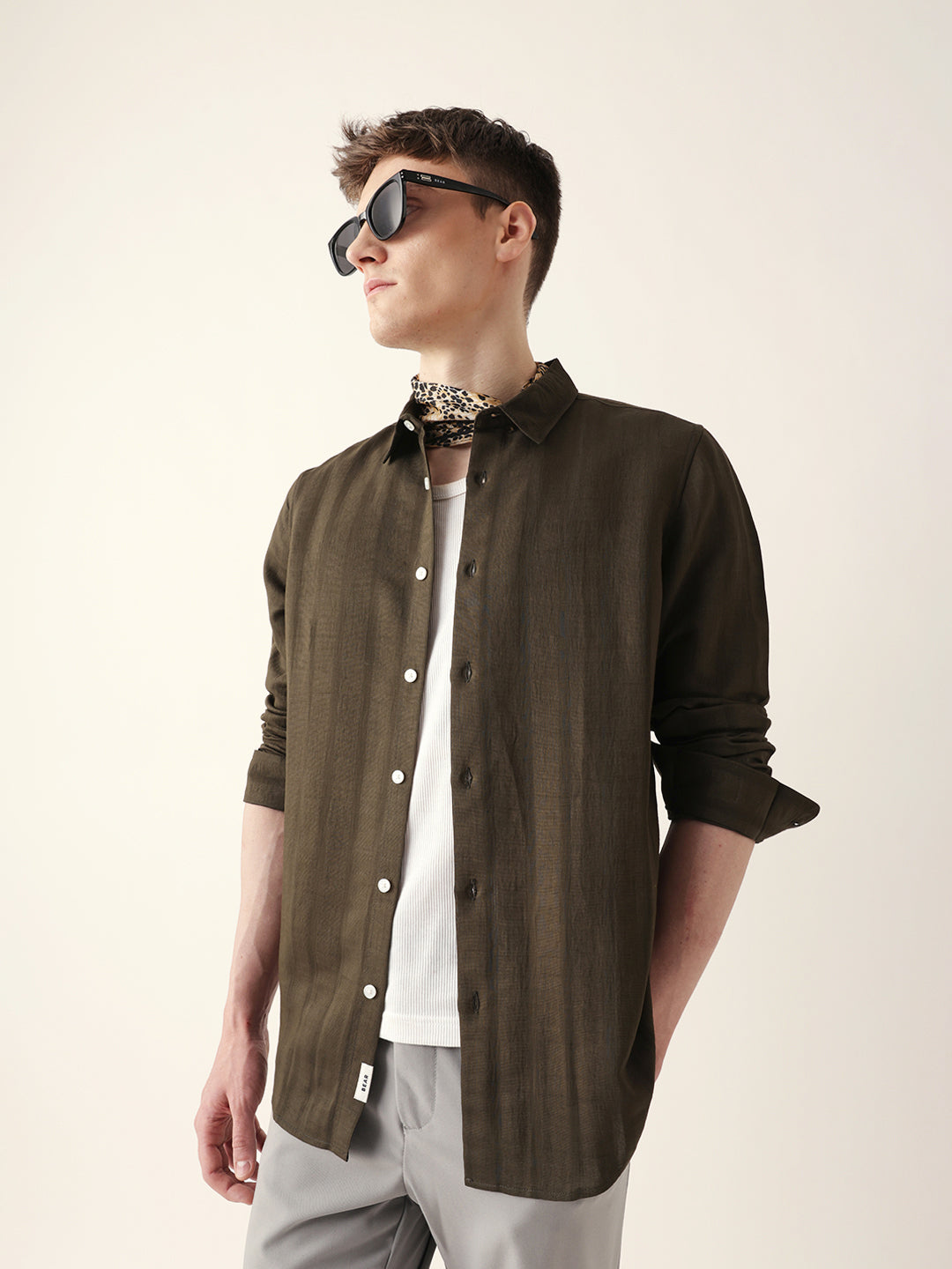 Olive Slim Fit Casual Shirt with Woven Semi-Transparent Vertical Stripes