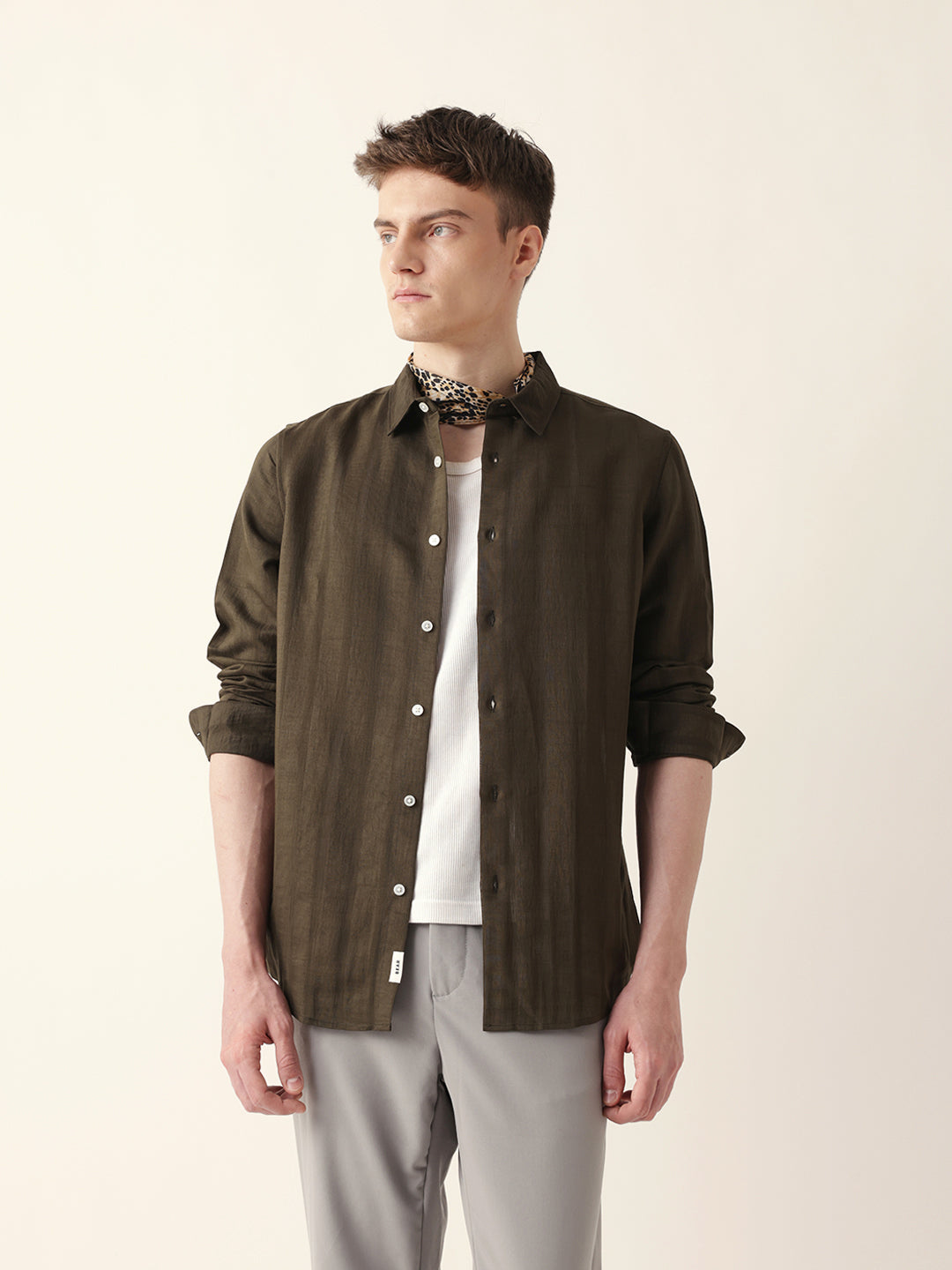 Olive Slim Fit Casual Shirt with Woven Semi-Transparent Vertical Stripes